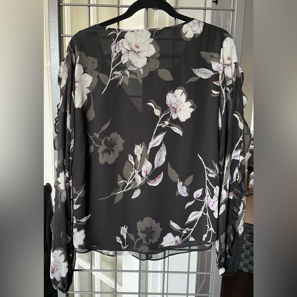 WHBM NWT Blouse Size L long sleeve black floral with tie at the neck. - Picture 9 of 13